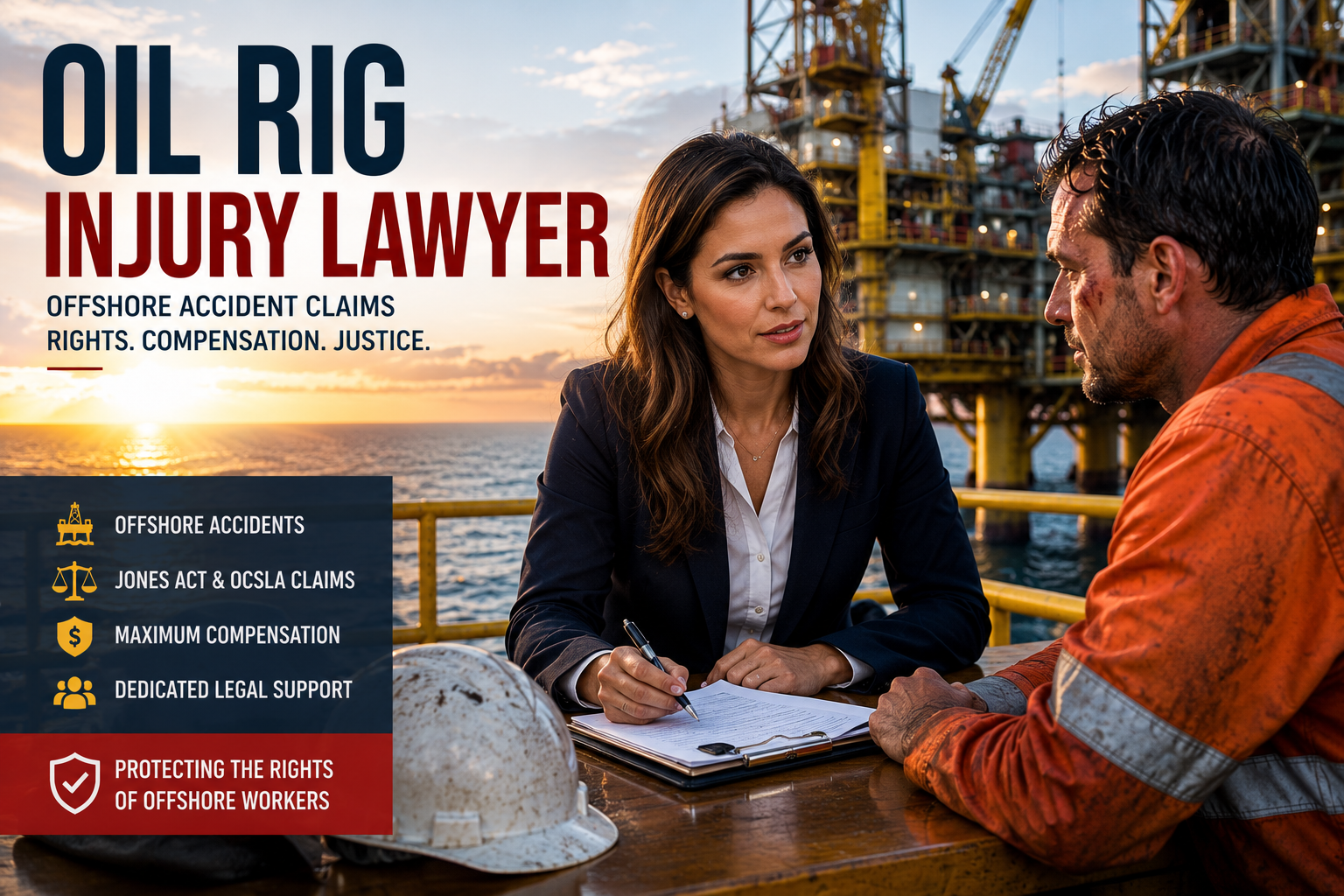 Oil Rig Injury Lawyer consulting an injured offshore oil rig worker after a drilling platform accident.