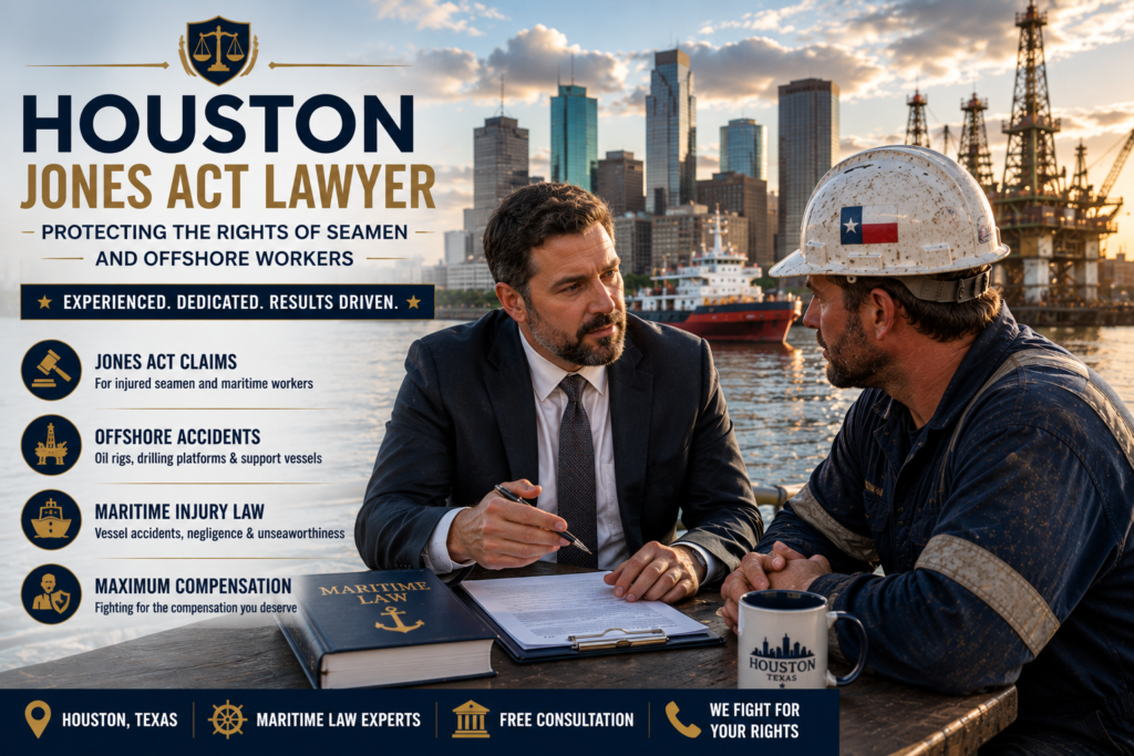 Professional female Houston Jones Act Lawyer consulting an injured offshore worker at Houston Harbor with cargo ships, oil rigs, and the downtown Houston skyline in the background.