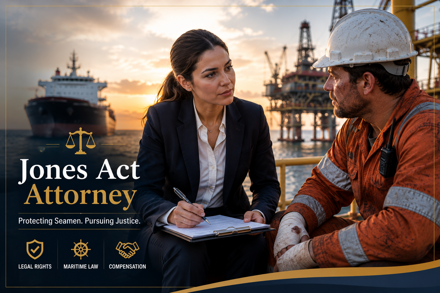 Professional female Jones Act Attorney consulting an injured offshore seaman aboard a commercial vessel after a maritime workplace accident.