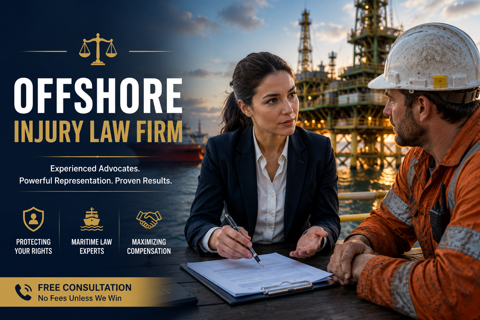 Professional female attorney from an Offshore Injury Law Firm consulting an injured offshore oil rig worker about maritime accident claims and legal rights.