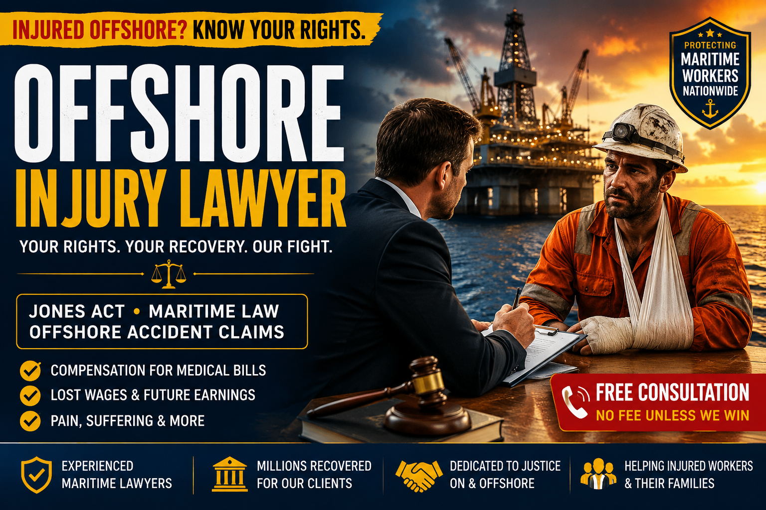 Experienced Offshore Injury Lawyer assisting an injured maritime worker after an offshore oil rig accident under the Jones Act and federal maritime law.