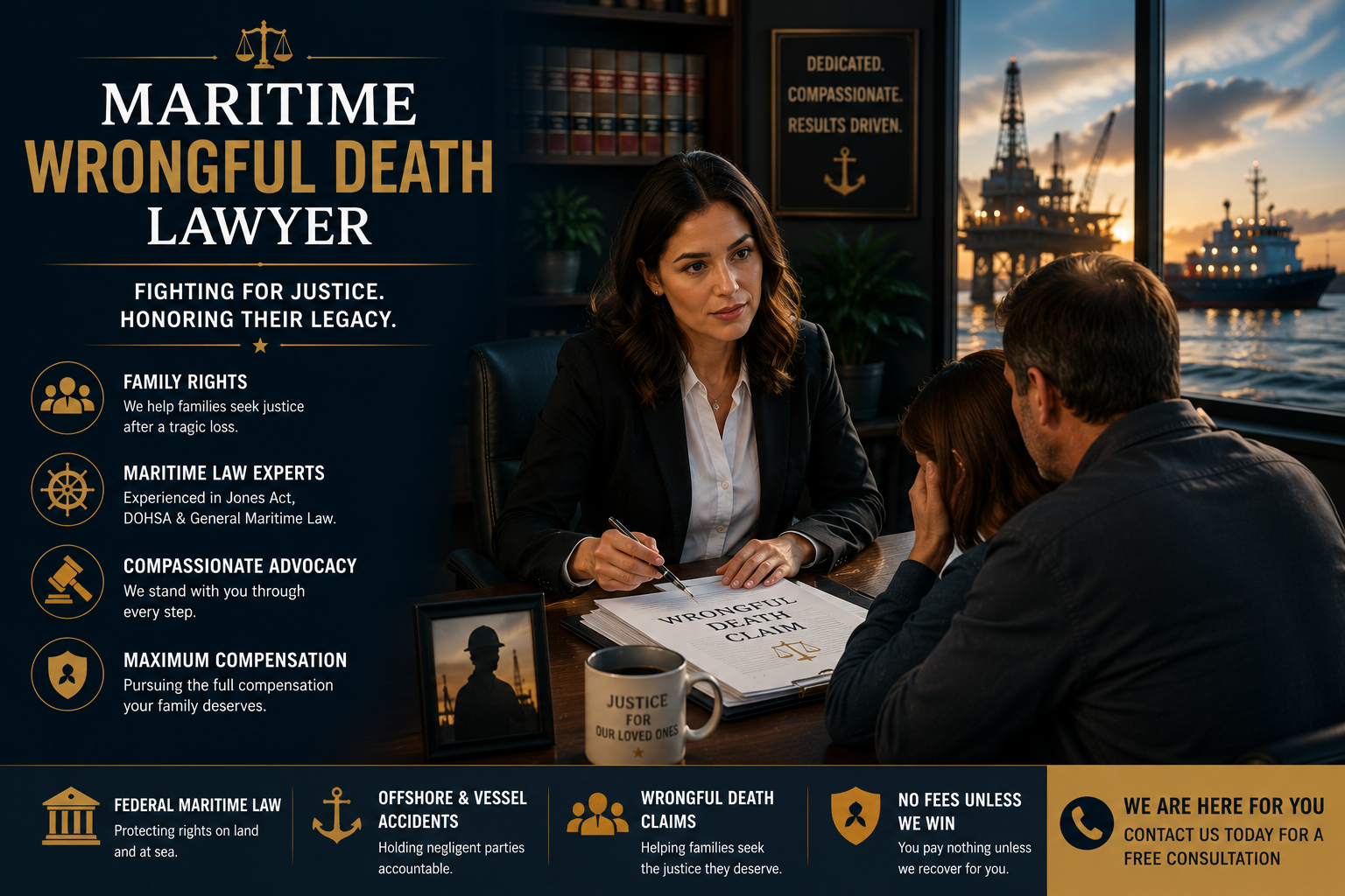 Professional female Maritime Wrongful Death Lawyer meeting with the family of a deceased offshore worker near a commercial harbor and cargo vessel, discussing federal maritime wrongful death claims.