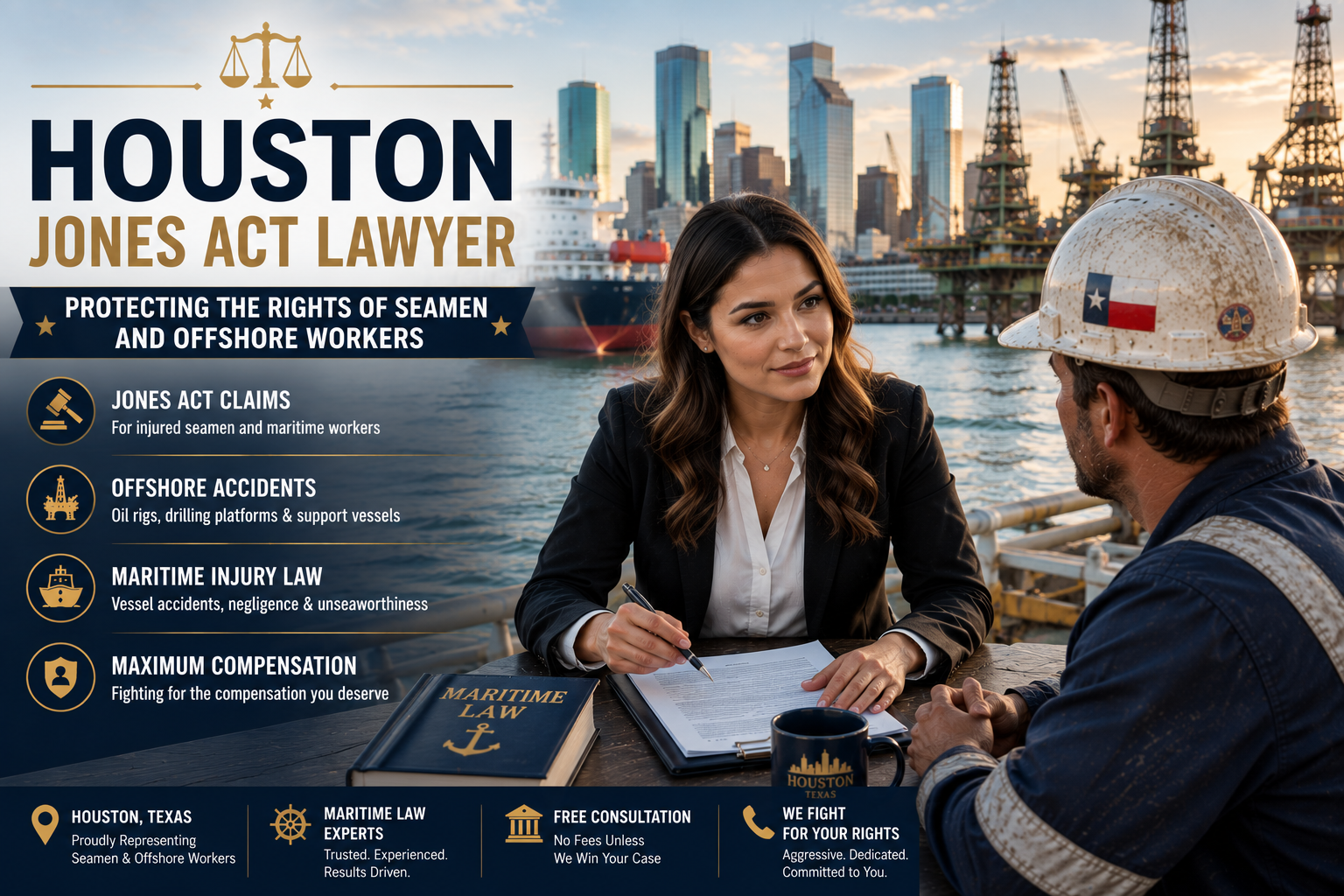 Professional female Houston Jones Act Lawyer consulting an injured offshore worker at Houston Harbor with cargo ships, oil rigs, and the downtown Houston skyline in the background.